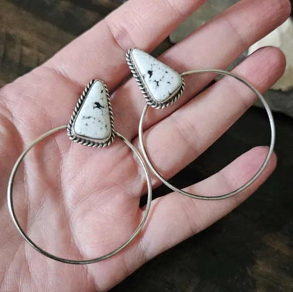 Navajo White Buffalo Turquoise Sterling Silver Earrings - Picture 2 of 6